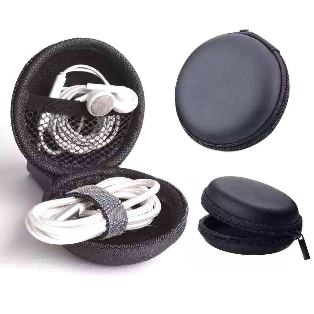 Small Round Earphone Carry Case – Zippered Travel Case for Earbuds, Wireless Headsets, USB Cables, and SD Cards