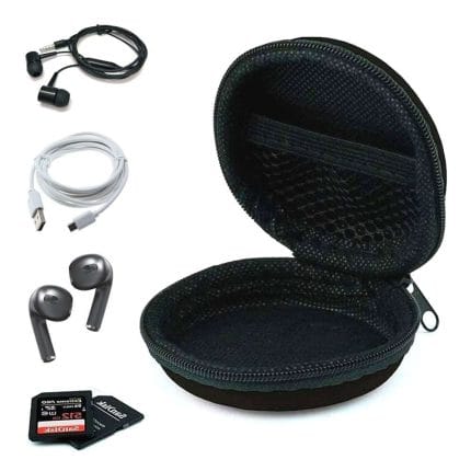 Small Round Earphone Carry Case – Zippered Travel Case for Earbuds, Wireless Headsets, USB Cables, and SD Cards