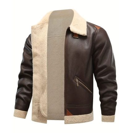 Men’s Brown Aviator Leather Jacket with Shearling Collar Classic Bomber Flight Coat Vintage Pilot Style Winter Outerwear - Image 3