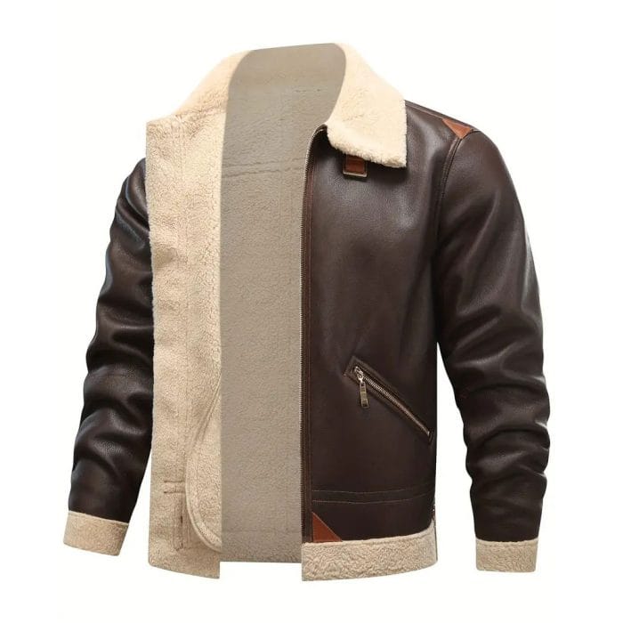 Men’s Brown Aviator Leather Jacket with Shearling Collar Classic Bomber Flight Coat Vintage Pilot Style Winter Outerwear - Image 3
