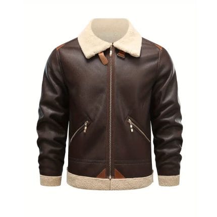 Men’s Brown Aviator Leather Jacket with Shearling Collar Classic Bomber Flight Coat Vintage Pilot Style Winter Outerwear - Image 2