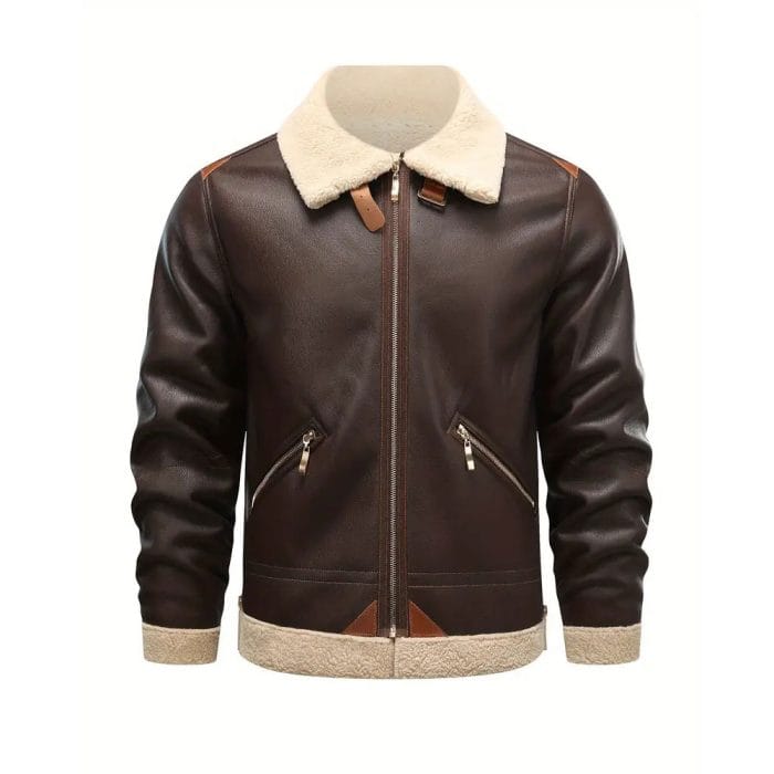 Men’s Brown Aviator Leather Jacket with Shearling Collar Classic Bomber Flight Coat Vintage Pilot Style Winter Outerwear - Image 2