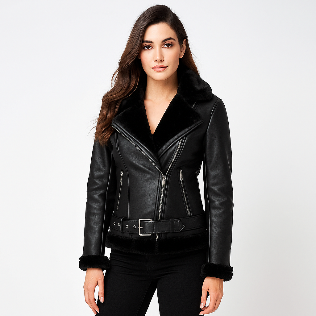 Women's black genuine leather biker jacket with fur collar, slim fit design, front zipper closure, modeled on white background