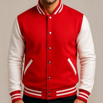 Men’s Varsity Jacket Red & White Classic Baseball Letterman Bomber, Cotton Blend College Outerwear