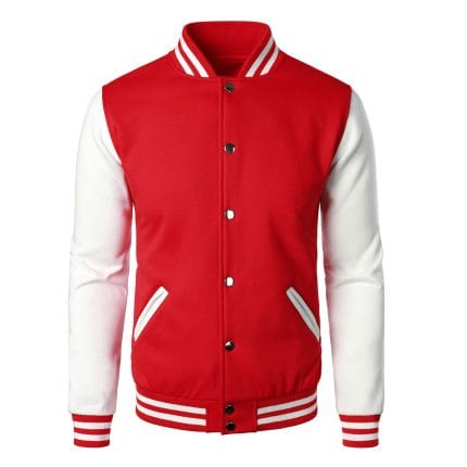 Men’s Varsity Jacket Red & White Classic Baseball Letterman Bomber, Cotton Blend College Outerwear - Image 2