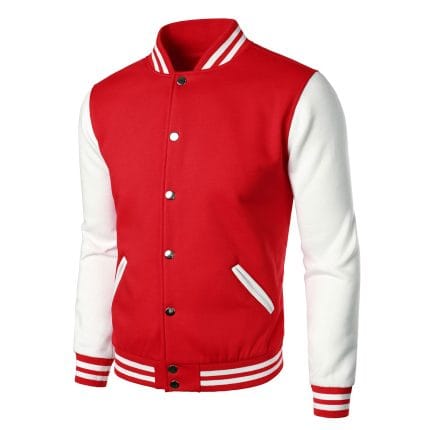 Men’s Varsity Jacket Red & White Classic Baseball Letterman Bomber, Cotton Blend College Outerwear - Image 3