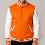 Men’s Varsity Jacket Orange & White Classic Baseball Letterman Bomber, Cotton Blend College Streetwear Coat