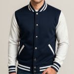 Men’s Varsity Jacket Navy Blue & White Classic Baseball Letterman Bomber, Cotton Blend College Outerwear