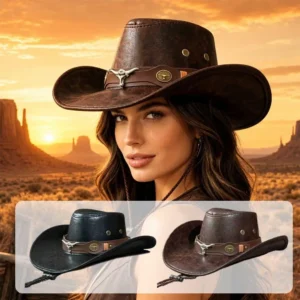 Outdoor Cowgirl Jazz Cap Sombrero Hombre ,Vintage Leather Western Cowboy Hat(22.05-22.83in),Unisex Faux Leather Dress Hats 1