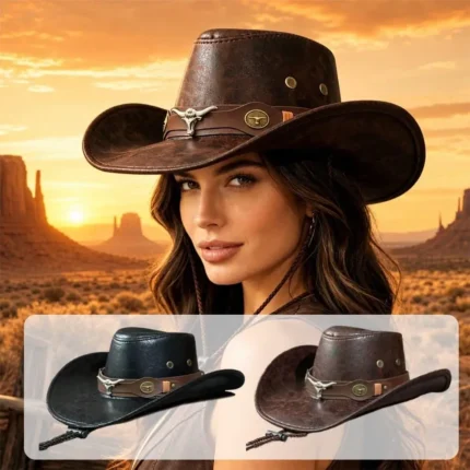 Outdoor Cowgirl Jazz Cap Sombrero Hombre ,Vintage Leather Western Cowboy Hat(22.05-22.83in),Unisex Faux Leather Dress Hats