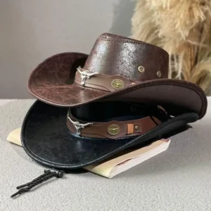 Outdoor Cowgirl Jazz Cap Sombrero Hombre ,Vintage Leather Western Cowboy Hat(22.05-22.83in),Unisex Faux Leather Dress Hats 5