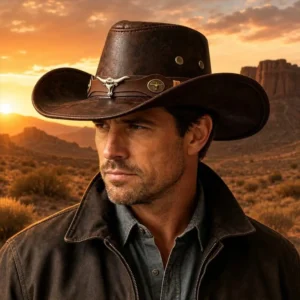 Outdoor Cowgirl Jazz Cap Sombrero Hombre ,Vintage Leather Western Cowboy Hat(22.05-22.83in),Unisex Faux Leather Dress Hats 4