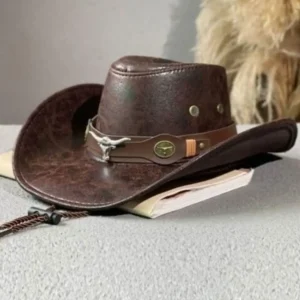 Outdoor Cowgirl Jazz Cap Sombrero Hombre ,Vintage Leather Western Cowboy Hat(22.05-22.83in),Unisex Faux Leather Dress Hats 6