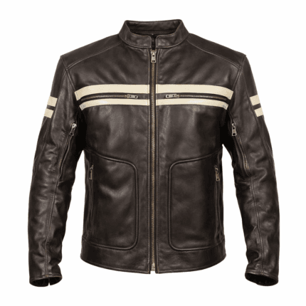 Men’s Cafe Racer Brown Leather Jacket Retro Biker with White PU Coating Stripes