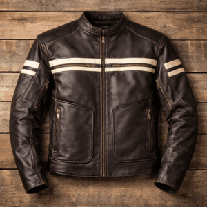 Men’s Cafe Racer Brown Leather Jacket Retro Biker with White PU Coating Stripes 11