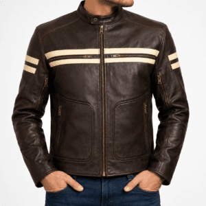 Men’s Cafe Racer Brown Leather Jacket Retro Biker with White PU Coating Stripes 12