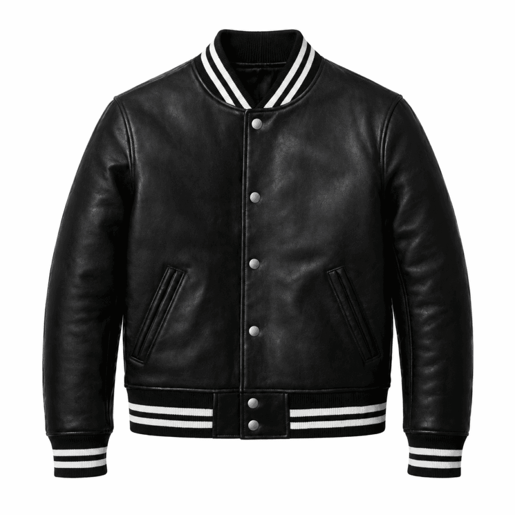 Men’s Black Leather Varsity Jacket – Classic Baseball Bomber Jacket with Ribbed Collar, Cuffs & Casual Streetwear Style