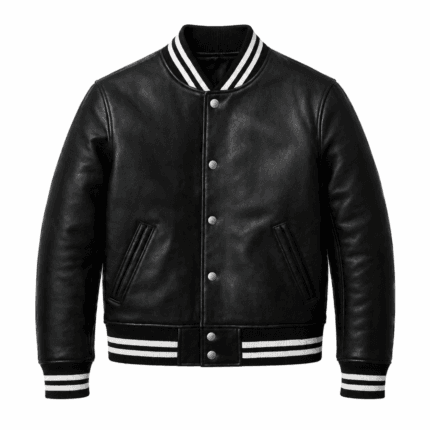Men’s Black Leather Varsity Jacket – Classic Baseball Bomber Jacket with Ribbed Collar, Cuffs & Casual Streetwear Style