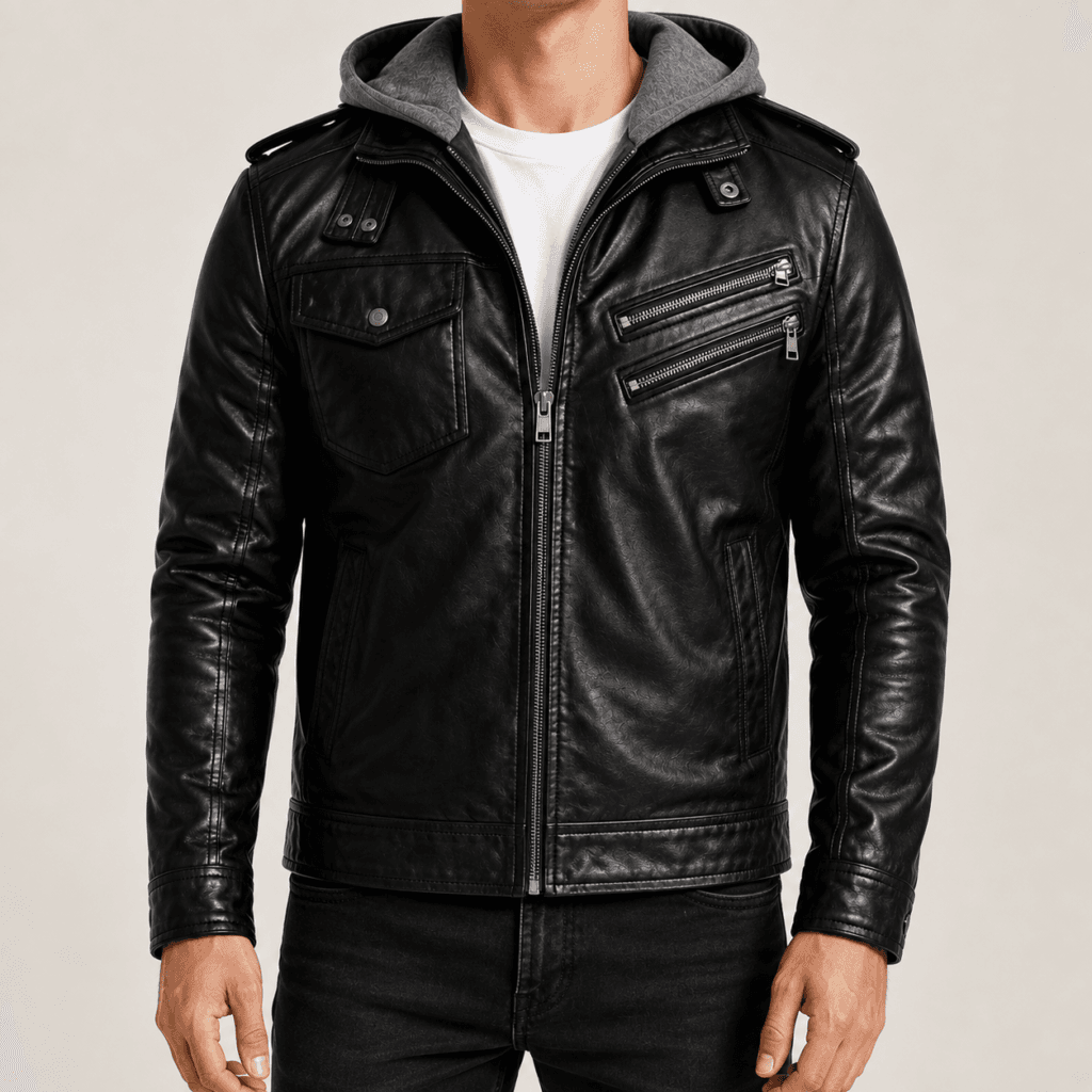 Men’s Black Leather Jacket with Removable Hood Zip-Up Biker Style, Casual Streetwear Outerwear with Multiple Pockets & Soft Lining