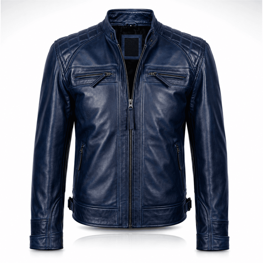 Men’s Navy Blue Cafe Racer Leather Jacket 100% Real Lambskin Motorcycle Biker Jacket with Quilted Shoulders, Slim Fit, YKK Zipper Pockets & Adjustable Waist Premium Riding & Casual Wear by Decrum
