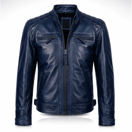Men’s Navy Blue Cafe Racer Leather Jacket 100% Real Lambskin Motorcycle Biker Jacket with Quilted Shoulders, Slim Fit, YKK Zipper Pockets & Adjustable Waist Premium Riding & Casual Wear by Decrum