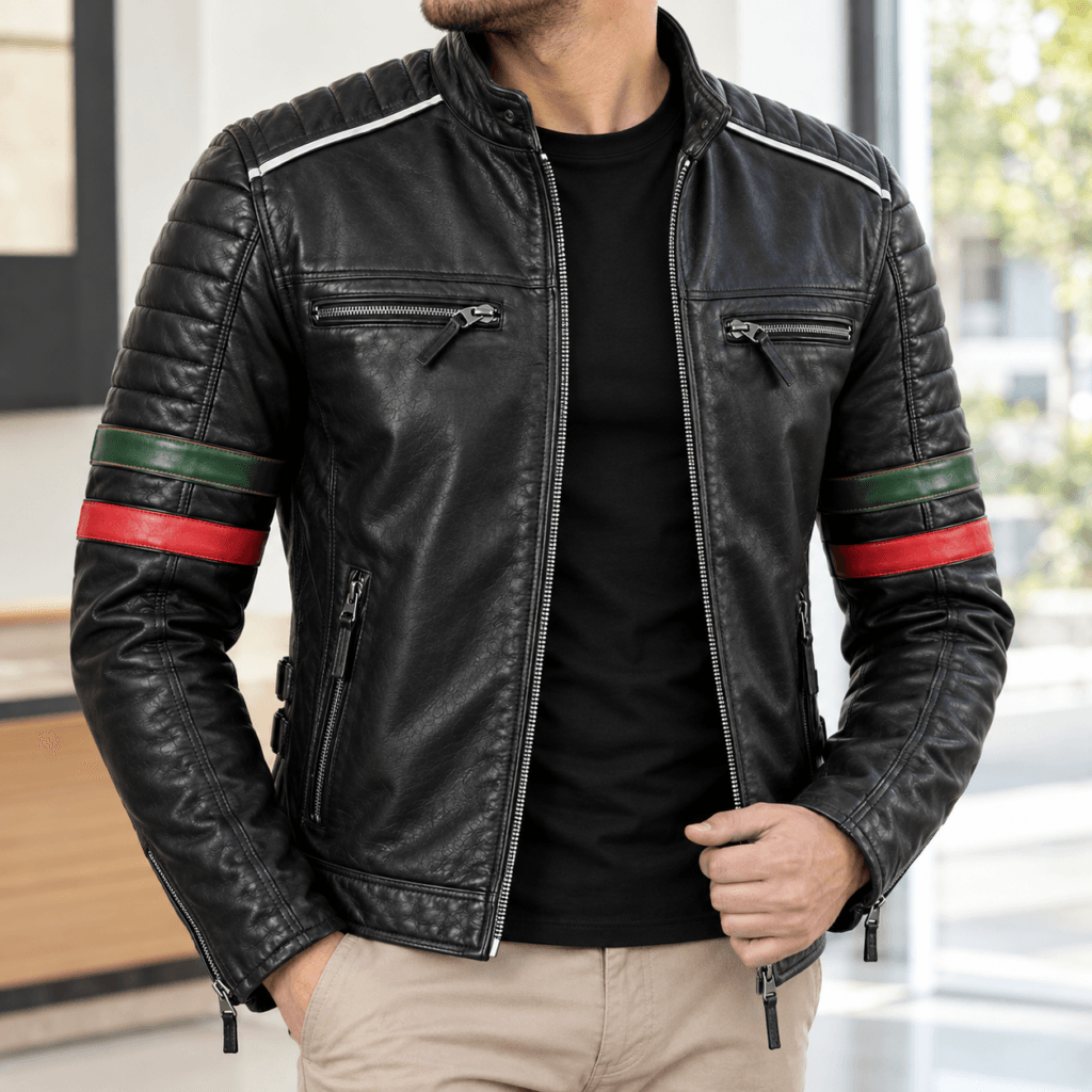 Men’s Black Genuine Leather Biker Jacket Slim Fit Moto Racing Style with Quilted Shoulders Green & Red Stripe Sleeves