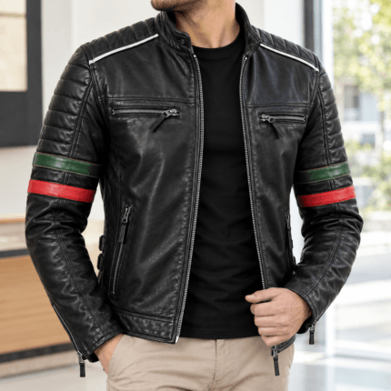 Men’s Black Genuine Leather Biker Jacket Slim Fit Moto Racing Style with Quilted Shoulders Green & Red Stripe Sleeves