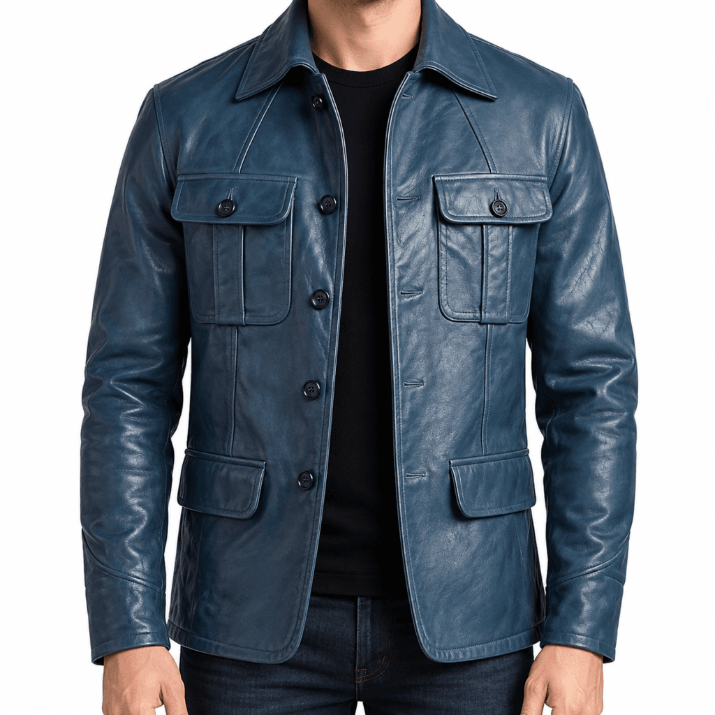 Men’s Stylish Blue Leather Jacket | Modern Slim Fit Outerwear with Premium Leather Finish | Trendy Casual & Semi-Formal Wear