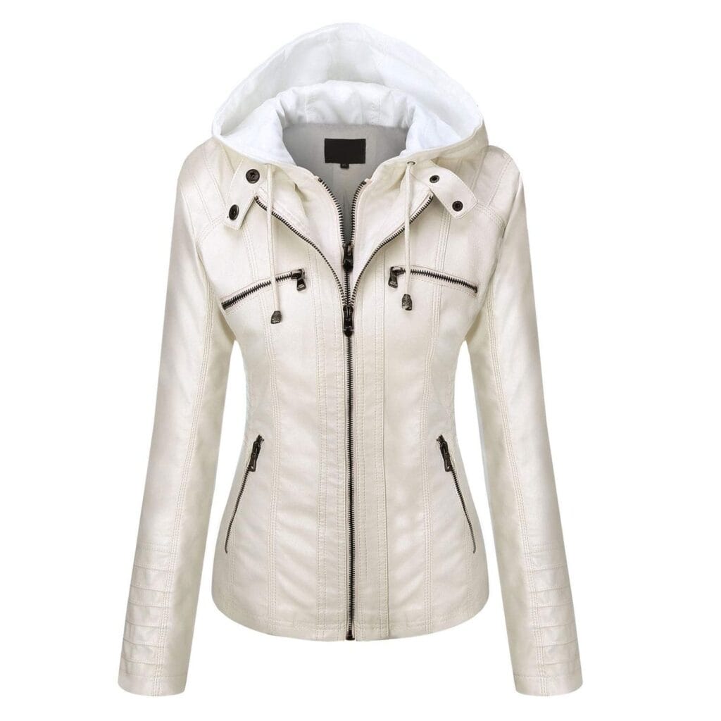 White Women’s Faux Leather Jacket with Removable Hood Slim Fit Moto Style Outerwear