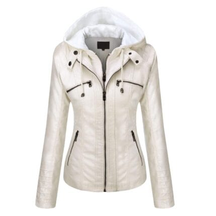White Women’s Faux Leather Jacket with Removable Hood Slim Fit Moto Style Outerwear