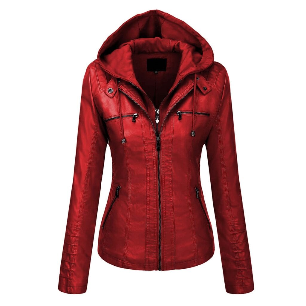 Women’s Red Faux PU Leather Jacket with Removable Hood Slim Fit Moto Biker Style
