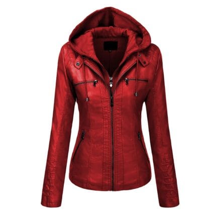 Women’s Red Faux PU Leather Jacket with Removable Hood Slim Fit Moto Biker Style