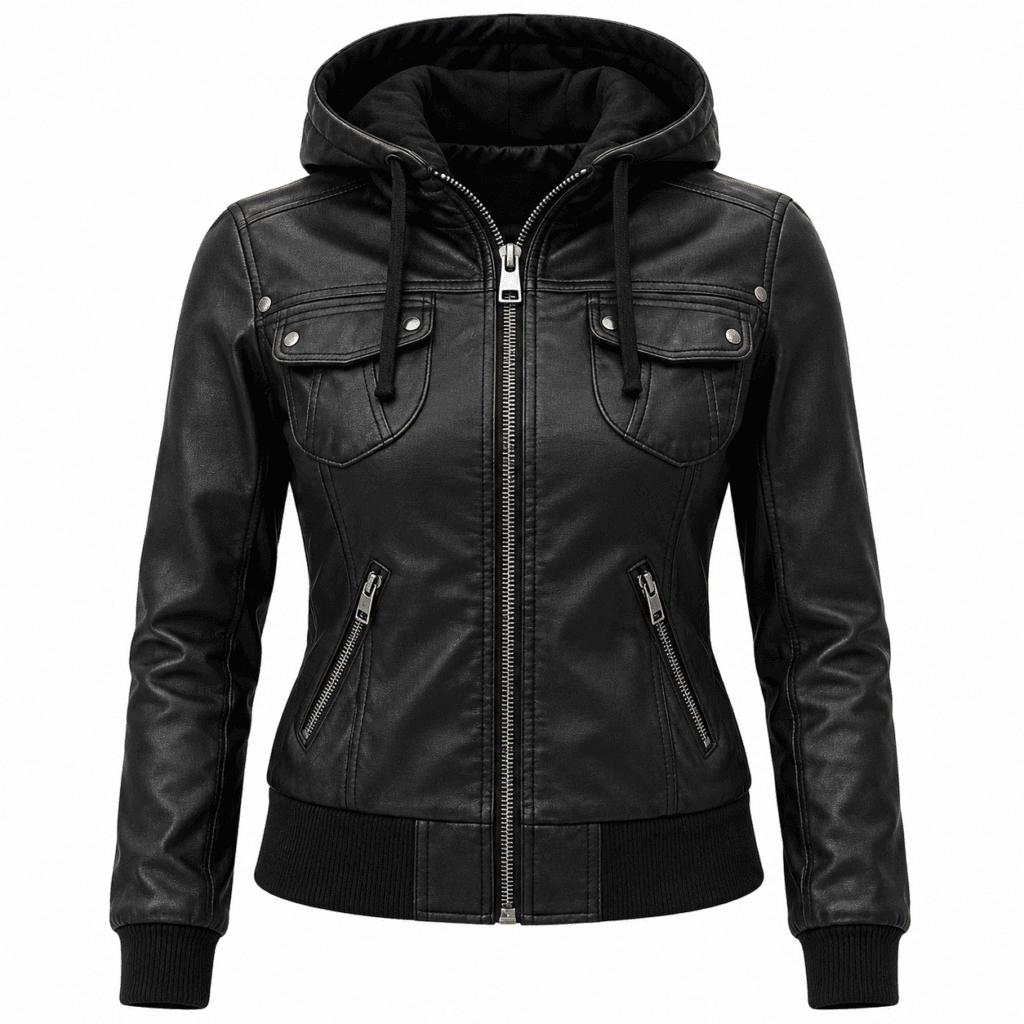 Women’s Genuine Lambskin Leather Hooded Motorcycle Jacket Black Bomber Style with Removable Hood, Ribbed Cuffs & Quilted Lining