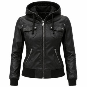 Women’s Genuine Lambskin Leather Hooded Motorcycle Jacket Black Bomber Style with Removable Hood, Ribbed Cuffs & Quilted Lining 1