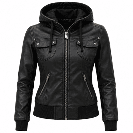 Women’s Genuine Lambskin Leather Hooded Motorcycle Jacket Black Bomber Style with Removable Hood, Ribbed Cuffs & Quilted Lining