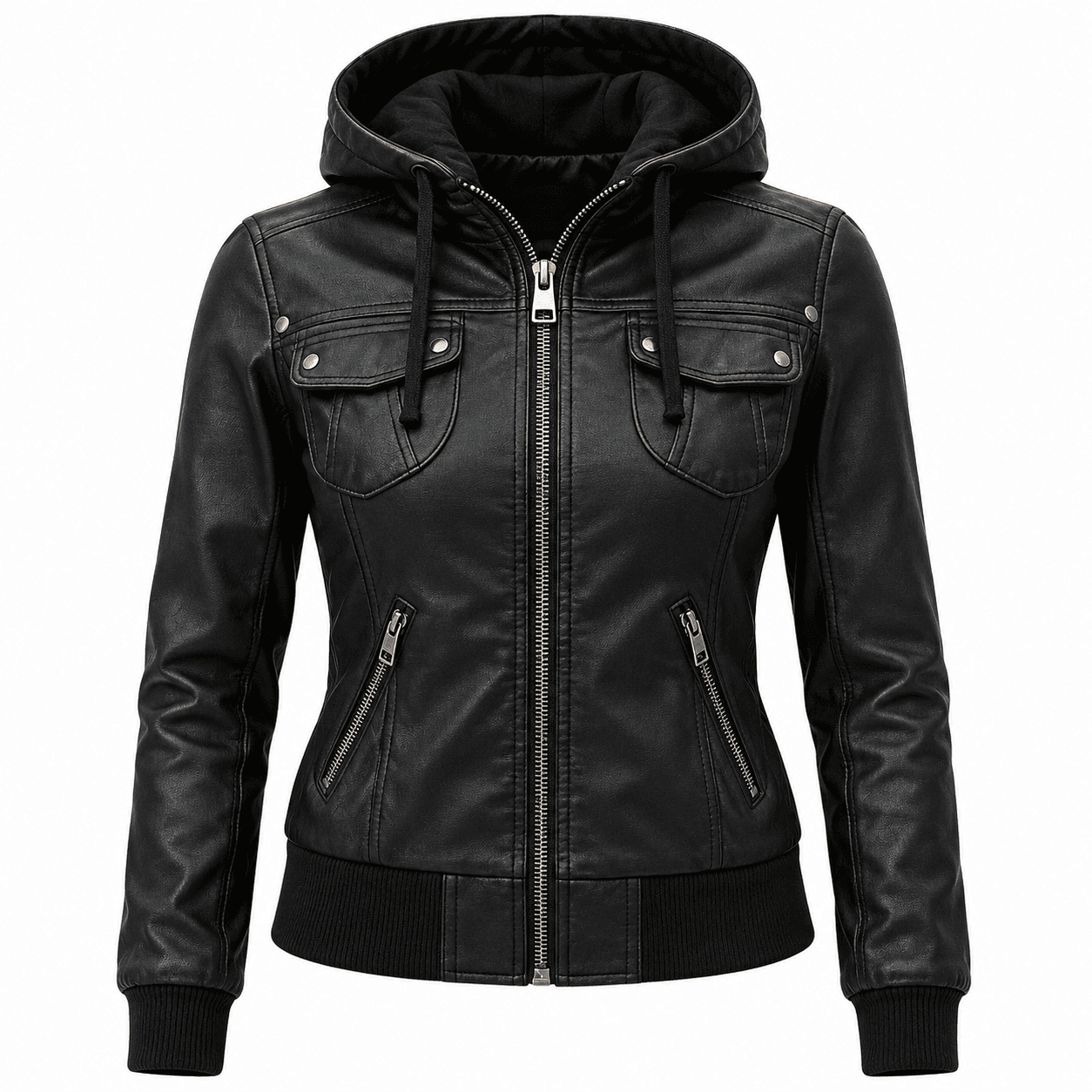 Women’s Genuine Lambskin Leather Hooded Motorcycle Jacket Black Bomber Style with Removable Hood, Ribbed Cuffs & Quilted Lining