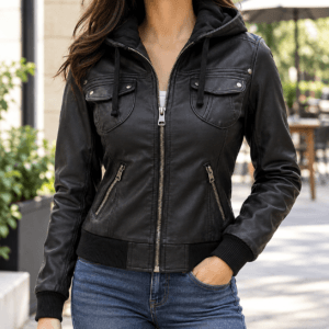 Women’s Genuine Lambskin Leather Hooded Motorcycle Jacket Black Bomber Style with Removable Hood, Ribbed Cuffs & Quilted Lining 2