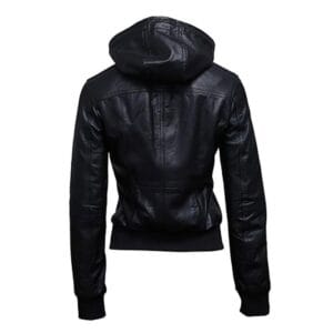 Women’s Genuine Lambskin Leather Hooded Motorcycle Jacket Black Bomber Style with Removable Hood, Ribbed Cuffs & Quilted Lining 4