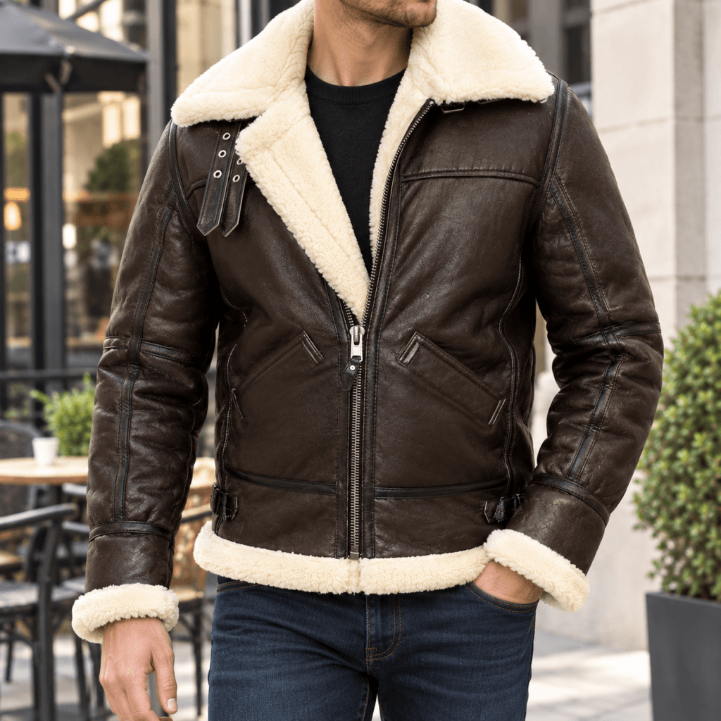 Men’s Winter Leather Jacket Shearling Aviator Coat Warm Pilot Biker Jacket Casual Outdoor Jacket