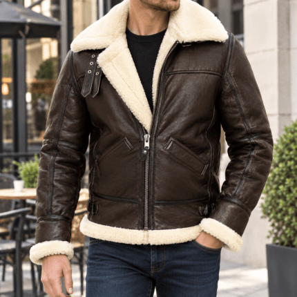 Men’s Winter Leather Jacket Shearling Aviator Coat Warm Pilot Biker Jacket Casual Outdoor Jacket