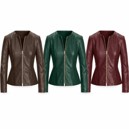 Women’s Faux Leather Peplum Biker Jacket Stylish Slim Fit Moto Outerwear with Ruffle Waist Design