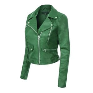 Women’s Kelly Green Faux Leather Moto Biker Jacket – Slim Fit Lightweight Outerwear with Zipper Pockets & Stylish Lapel Collar 2