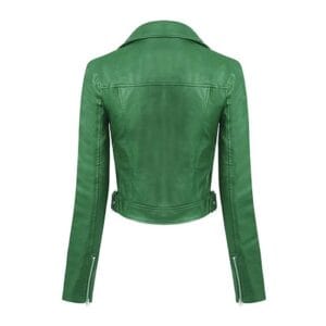 Women’s Kelly Green Faux Leather Moto Biker Jacket – Slim Fit Lightweight Outerwear with Zipper Pockets & Stylish Lapel Collar 3