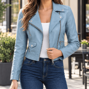 Women’s Blue Stone Faux Leather Biker Jacket – Slim Fit Moto Style with Zipper Pockets & Stylish Outerwear for All Seasons 8