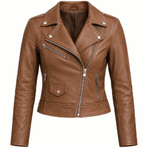 Women’s Cocoa Brown Faux Leather Moto Biker Jacket Slim Fit Stylish Outerwear with Zipper Details 2