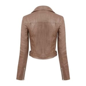 Women’s Cocoa Brown Faux Leather Moto Biker Jacket Slim Fit Stylish Outerwear with Zipper Details 4