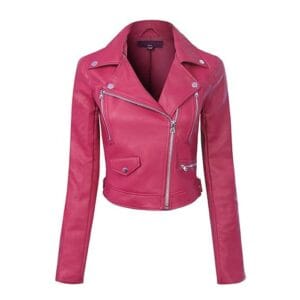 Women’s Fuchsia Faux Leather Moto Biker Jacket – Slim Fit Lightweight Outerwear with Zipper Pockets & Stylish Lapel Collar 2