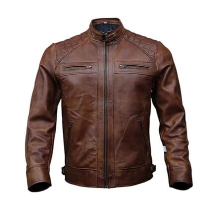 Men’s Vintage Brown Distressed Leather Biker Jacket Genuine Lambskin Motorcycle Coat Classic Cafe Racer Slim Fit Riding Jacket