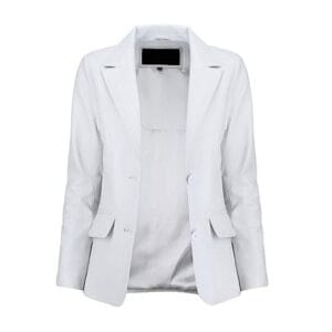 Women’s White Lambskin Leather Blazer 2-Button Suit Jacket with Notched Lapel Genuine Leather Formal & Casual Coat for Office, Travel & Evening Wear 2
