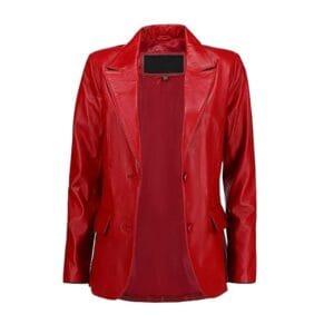 Women’s Red Lambskin Leather Blazer 2-Button Suit Jacket with Notched Lapel Genuine Leather Formal & Casual Coat for Office, Travel & Evening Wear 2